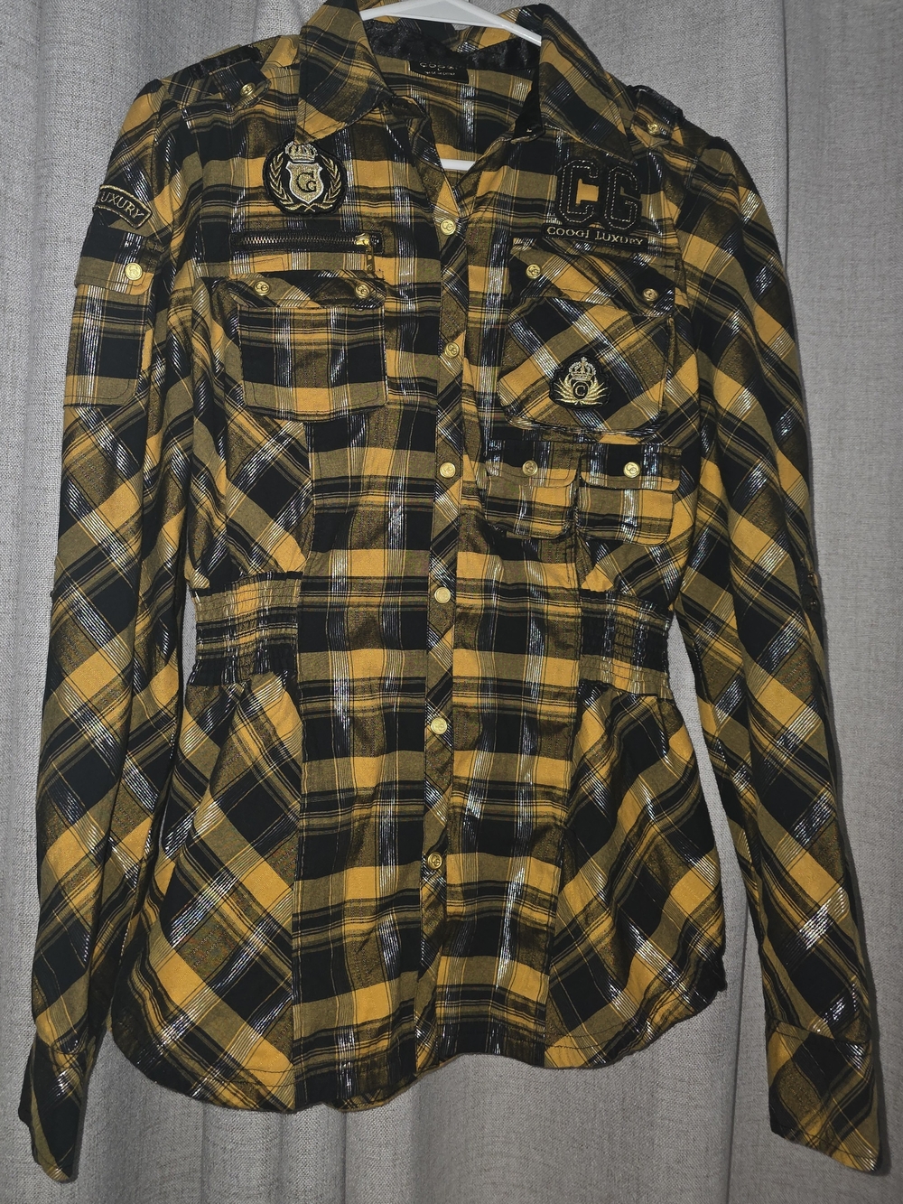 COOGI Black and Mustard Plaid Button Shirt